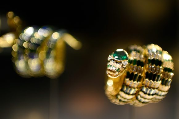 A photo taken on March 10, 2016 shows bracelets on display during a press preview of the exhibition "SerpentiForm, art, jewellery and design", featuring pieces by Italian luxury brand Bulgari among others, at the Palazzo Braschi in Rome. The exhibition will be open to public from March 10 until April 10, 2016. / AFP / GABRIEL BOUYS (Photo credit should read GABRIEL BOUYS/AFP/Getty Images)