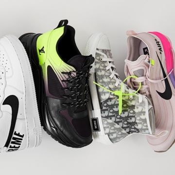 A row of sneakers: Nike, Supreme x Nike, Louis Vuitton, Dior, Off-White x Nike