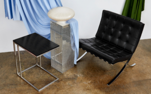 Knoll Mies van der Rohe Barcelona Chair, Art Glass Table Lamp & Cantilever Side Table