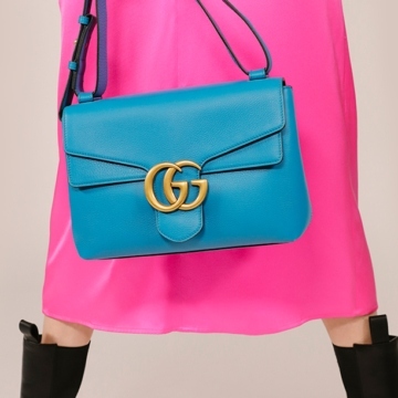 Model In Pink Dress, Gucci GG Marmont Bag And Black Boots