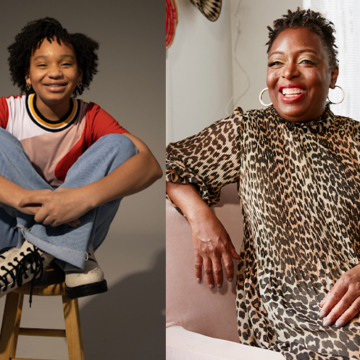 International Women's Day 2021: Black Girls Code student, Jordyn in a printed t-shirt and denim jeans. Founder & CEO Kimberly Bryant in a leopard animal print dress, gold hoop earrings and a gold bracelet. Volunteer Samantha Broxton in a yellow shirt dress, glasses and oversized gold earrings