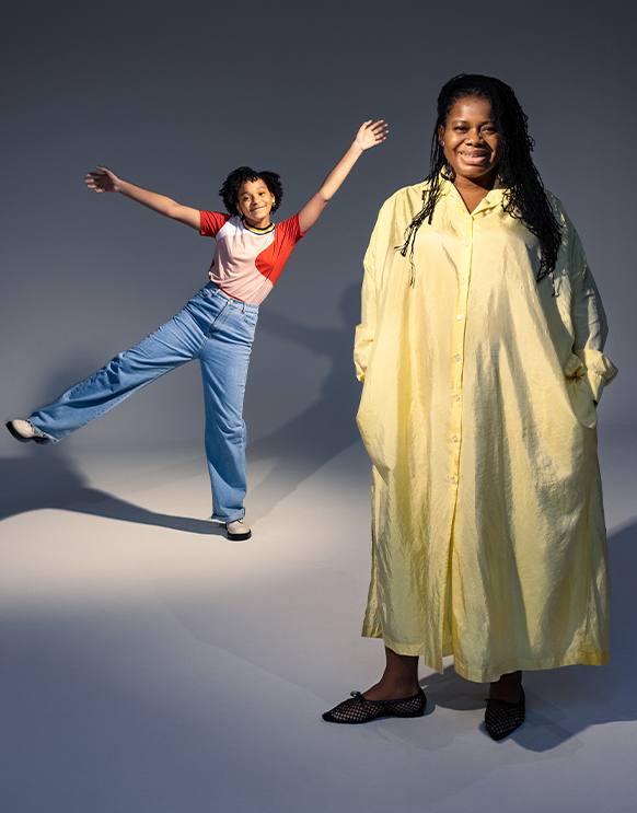 International Women's Day 2021: Jordy in a printed t-shirt and denim jeans and Samantha in a yellow shirtdress. 