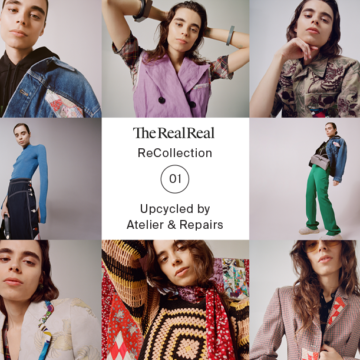 Female model wearing Balenciaga sweatshirt and Balenciaga denim jean jacket with upcycled quilted patchwork applique pockets next to a text that says: ReCollection 01 Upcycled by Atelier & Repairs The RealReal