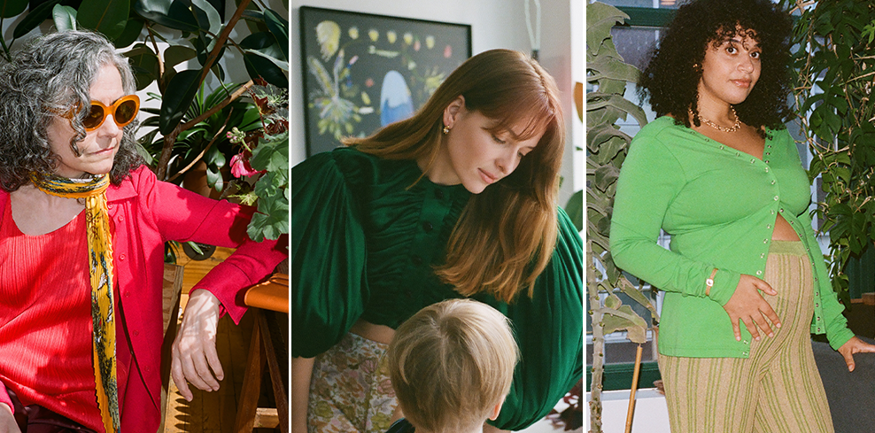 Mother's Day Feature: Three moms, Andrea Laušević, Collier Meyerson, and Stacey Gladstone in different stages of life with their children wearing designer clothes. Photographs by Mary Manning