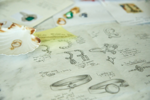 The RealReal x Catbird. Photograph of design sketches on a table for sustainable fine jewelry upcycled collection