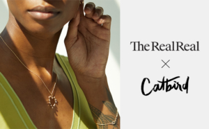 The RealReal x Catbird. Model wearing sustainable jewelry from upcycled collection next to logos