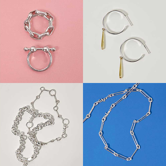 Sterling silver jewelry by Edgar Mosa photographed on bright, colorful backgrounds and arranged in a grid of four.