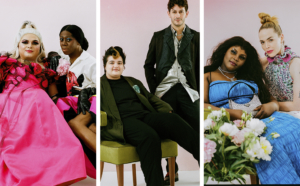 3 images collaged together. Photographs by Hunter Abrams. From left: Aniel Gonzalez in a pink gown with black trimmed ruffles and long, black gloves. Sits with Miss J Alexander wearing a rainbow striped full-length skirt by Christopher John Rogers, a white button down shirt with a red rose printed on the front, and long, black gloves. In the center, Lukas Petroski sits on a green velvet chair and wears an olive green suit jacket with a turquoise blue green fabric flower brooch on his lapel with a black t-shirt underneath. Alex Tudela stands to the right, wearing a black suit jacket and trousers with a silver, lame button down shirt, untucked. On the right, Taylor Collins Allen sits in a green velvet chair with a pink ombre background and flowers in front. Taylor wears a blue, ruched gown with black trim, a diamond necklace with a silver-tone lock pendant, and is holding a crystal-covered Prada nylon shoulder bag. Willie Norris sits with Taylor and wears pearl and diamond chandelier earrings, a sleeveless, ruffle-neck printed and magenta dress, an emerald and diamond ring, and diamond bracelets. All images were taken in front of a pink ombre background.