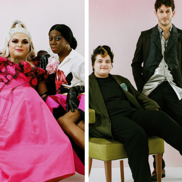 3 images collaged together. Photographs by Hunter Abrams. From left: Aniel Gonzalez in a pink gown with black trimmed ruffles and long, black gloves. Sits with Miss J Alexander wearing a rainbow striped full-length skirt by Christopher John Rogers, a white button down shirt with a red rose printed on the front, and long, black gloves. In the center, Lukas Petroski sits on a green velvet chair and wears an olive green suit jacket with a turquoise blue green fabric flower brooch on his lapel with a black t-shirt underneath. Alex Tudela stands to the right, wearing a black suit jacket and trousers with a silver, lame button down shirt, untucked. On the right, Taylor Collins Allen sits in a green velvet chair with a pink ombre background and flowers in front. Taylor wears a blue, ruched gown with black trim, a diamond necklace with a silver-tone lock pendant, and is holding a crystal-covered Prada nylon shoulder bag. Willie Norris sits with Taylor and wears pearl and diamond chandelier earrings, a sleeveless, ruffle-neck printed and magenta dress, an emerald and diamond ring, and diamond bracelets. All images were taken in front of a pink ombre background.