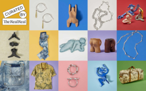 Curated by The RealReal art and jewelry by queer makers and artists. They include Alex Schmidt, Edgar Mosa, Alubowicz, and Intimate Revolution. photographed on bright, colorful backgrounds and arranged in a grid.