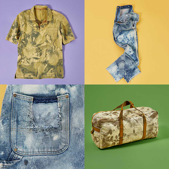 queer camo shirt, jeans, and bag by Intimate Revolution. photographed on bright, colorful backgrounds and arranged in a grid of four.