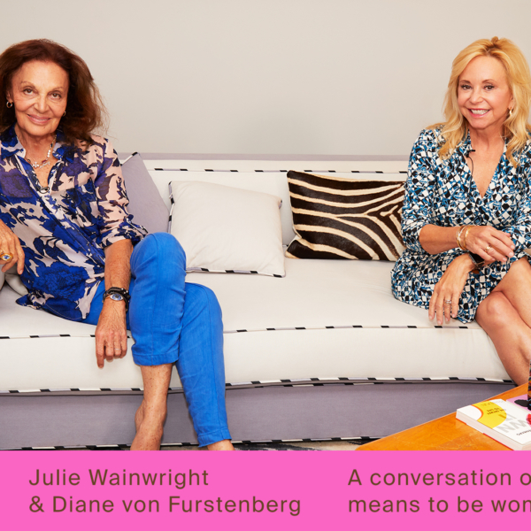 Diane von Furstenberg and Julie Wainwright sitting on a sofa before their conversation with fashion journalist Alix Browne for real talk, a series from The RealReal